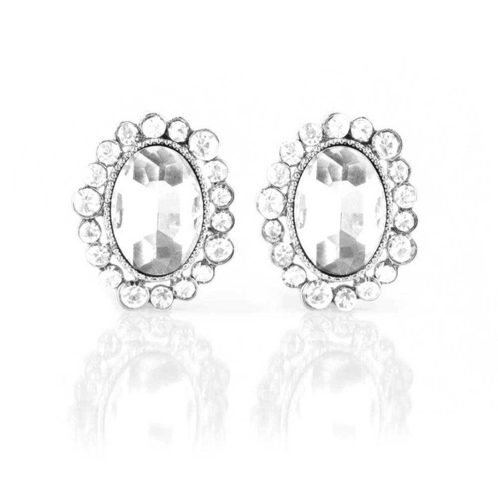 Hold Court White Post Earring Rhinestone Paparazzi Dazzling Silver Crystal